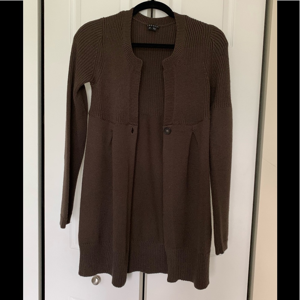 Theory Brown open, one button sweater, size small